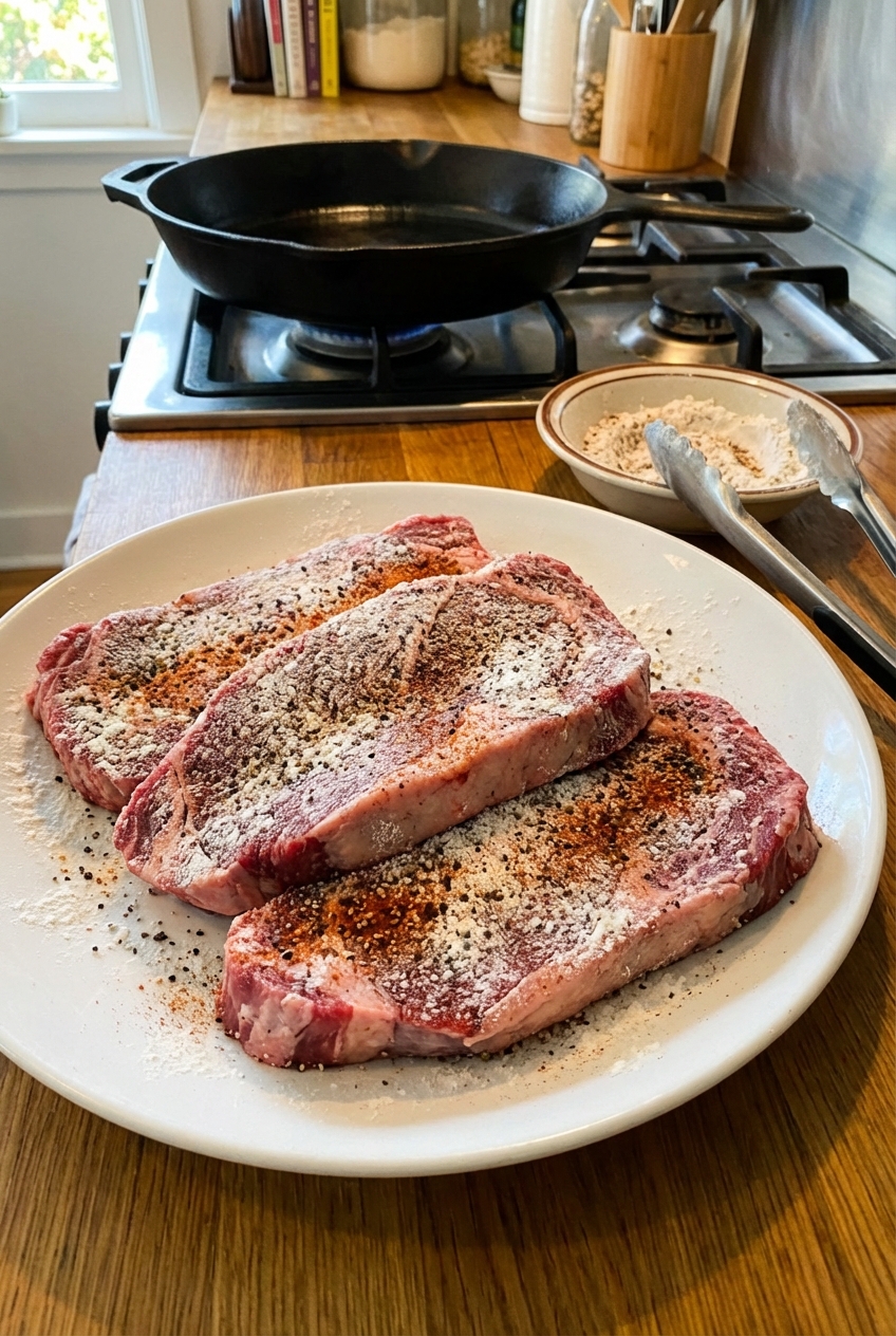 Floured and seasoned beef steaks on a plate ready to be seared