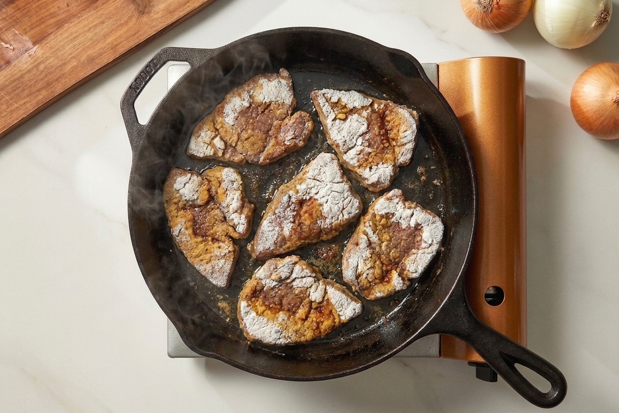 Floured liver slices searing in a hot skillet with browned edges forming in a cast iron pan on the stove