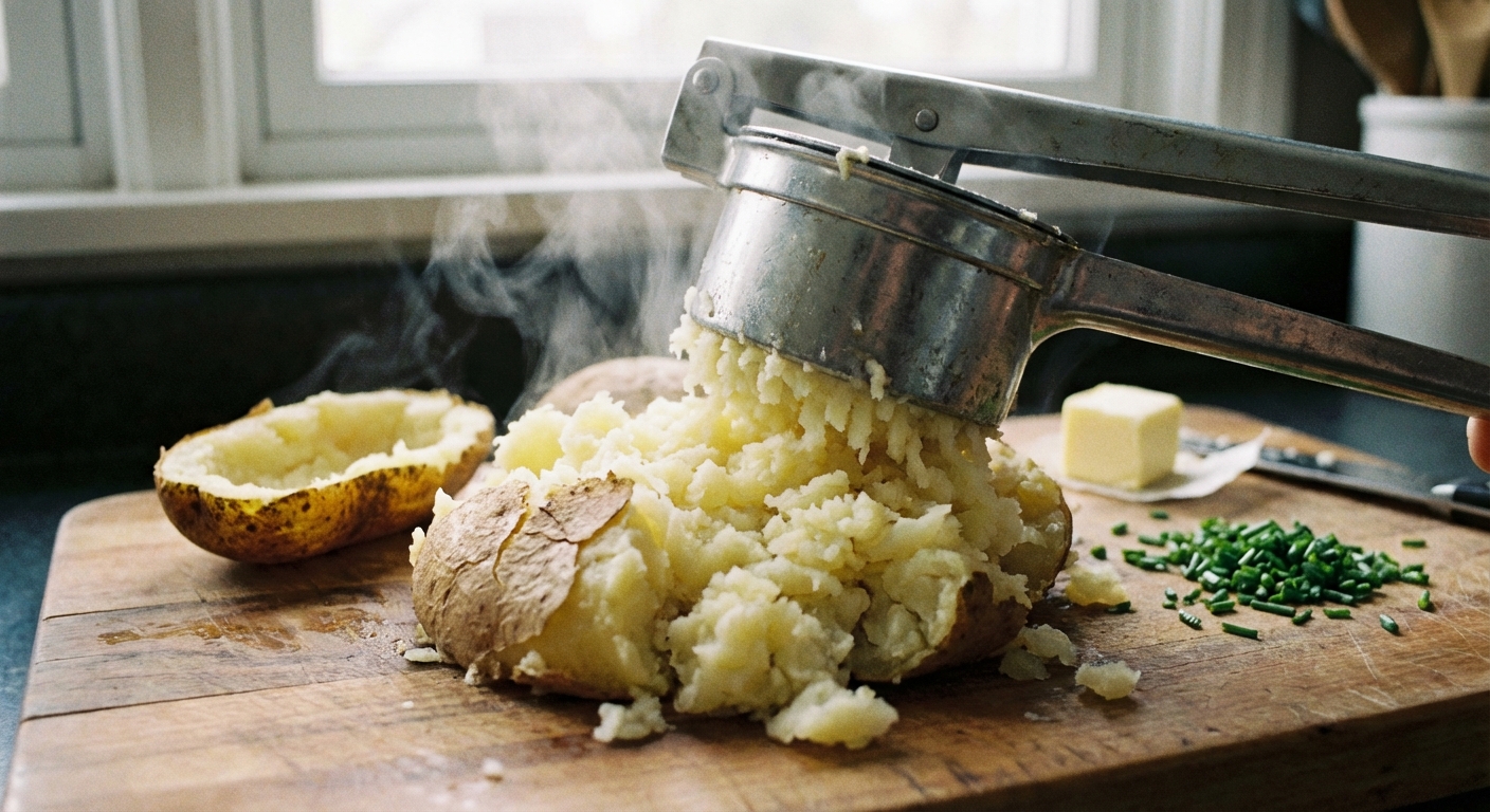 Fluffy baked potato flesh being riced into a mound on a wooden cutting board