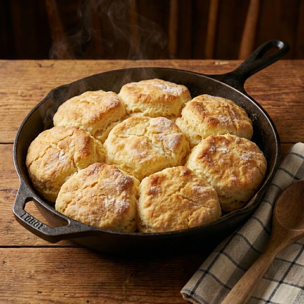 Fluffy biscuits baked in a cast iron skillet