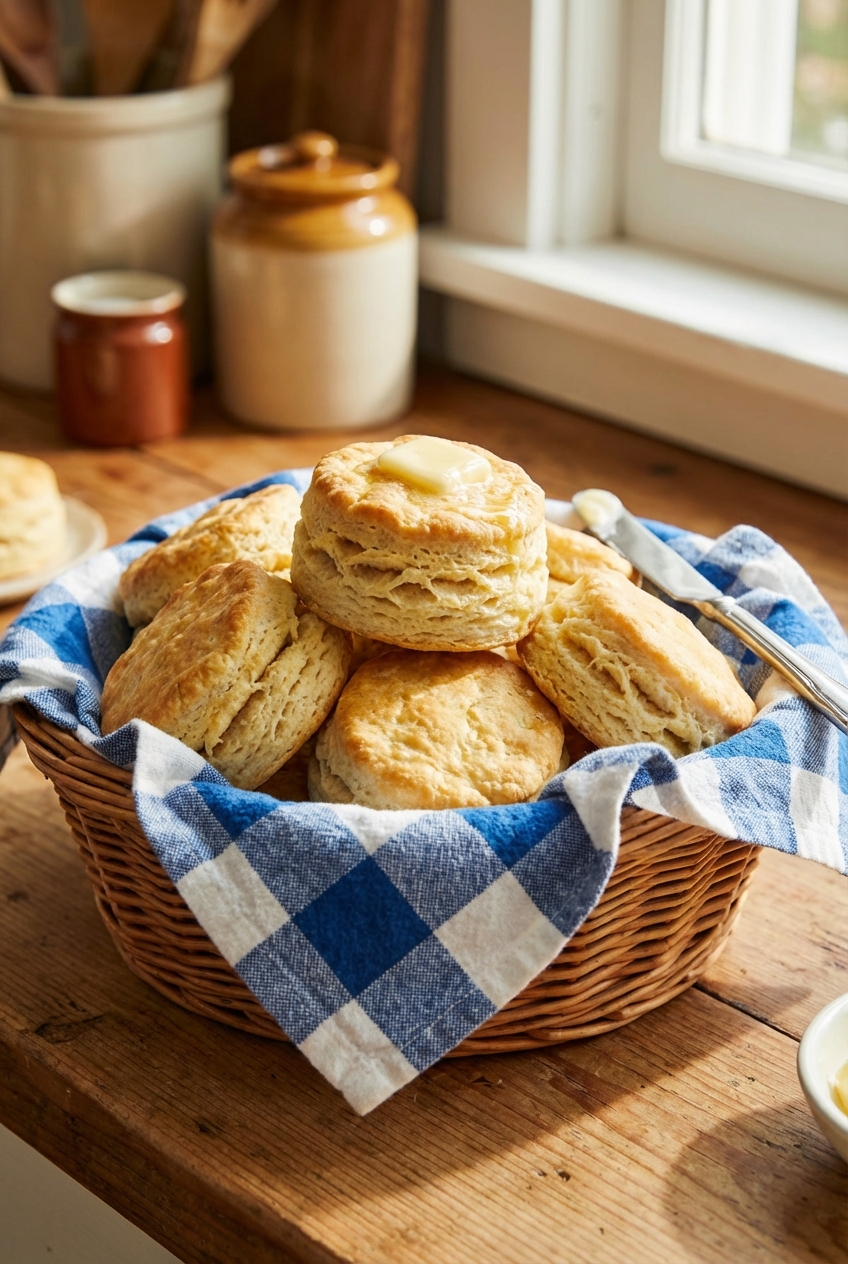Fluffy buttermilk biscuits stacked in a basket lined with a kitchen towel