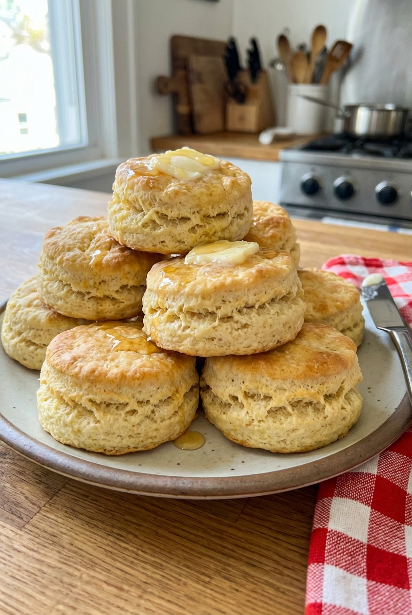 Fluffy buttermilk biscuits stacked on a plate with melted butter