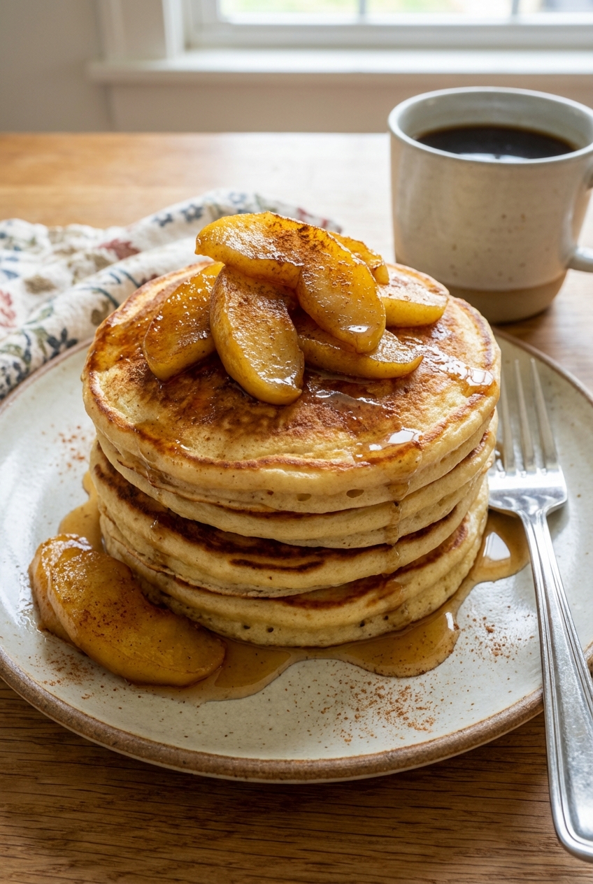 Fluffy buttermilk pancakes stacked on a plate with fried apples spooned on top