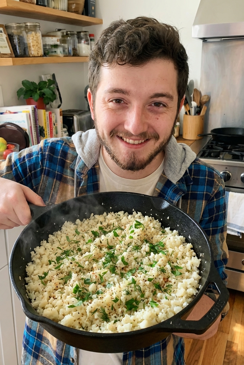 Fluffy cauliflower rice in a skillet with herbs