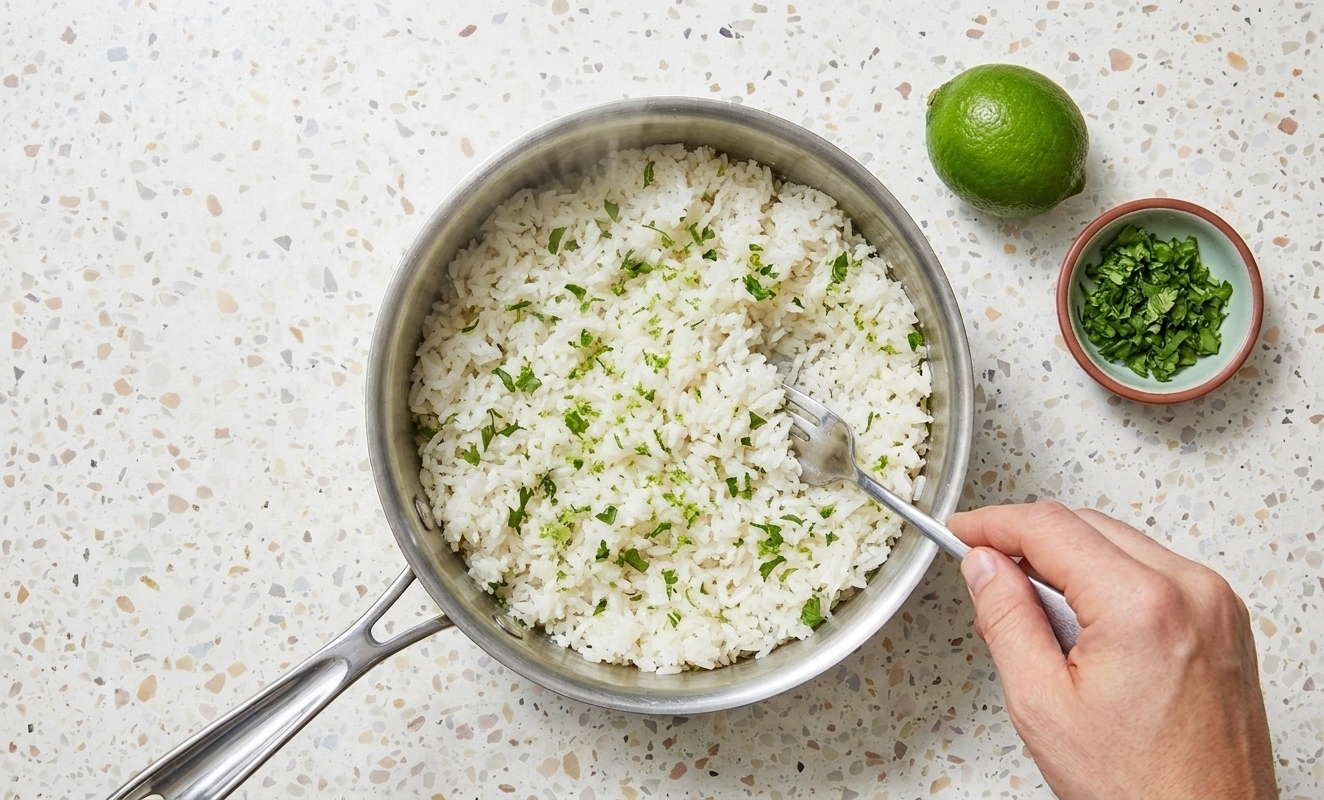 Fluffy cilantro lime rice in a saucepan as a fork fluffs it, with a lime and chopped cilantro nearby