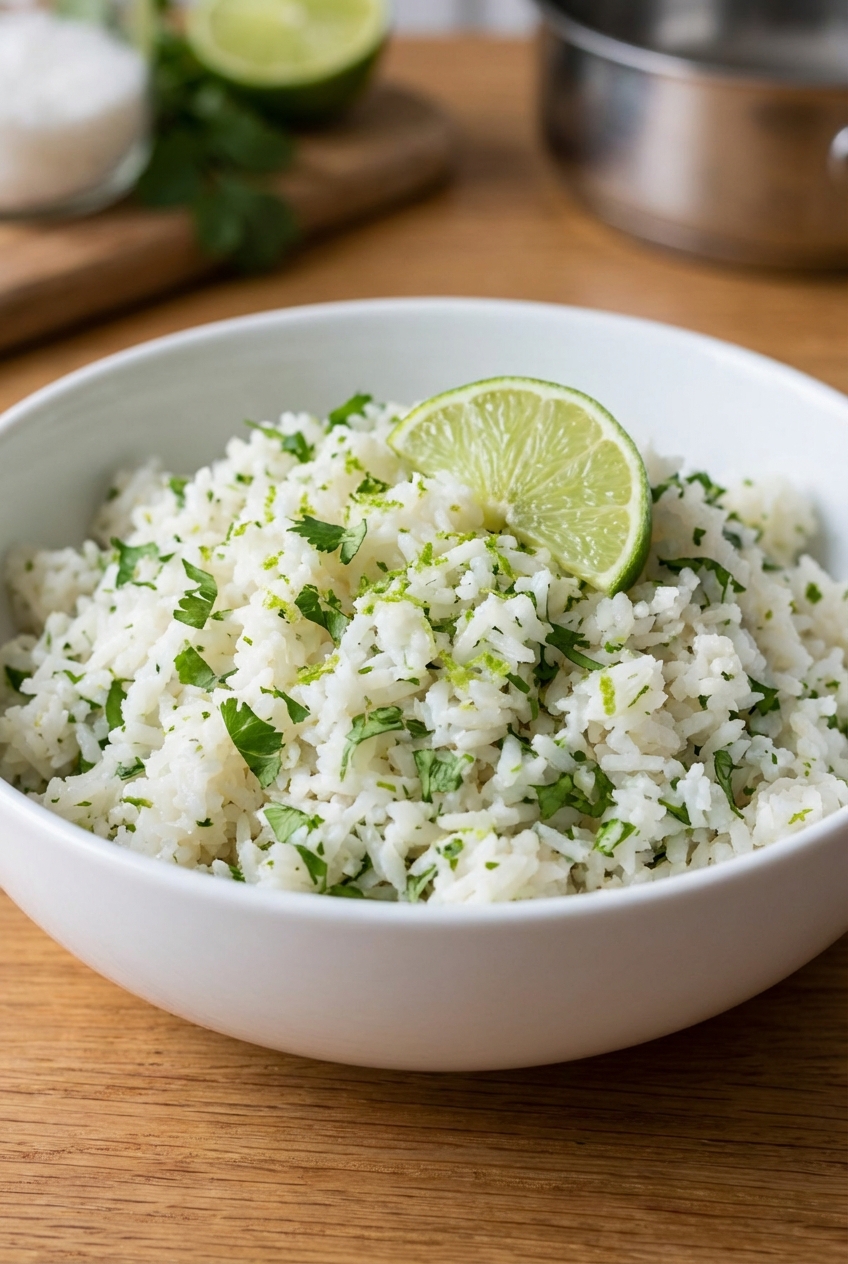 Fluffy cilantro lime rice in a white bowl with a lime wedge
