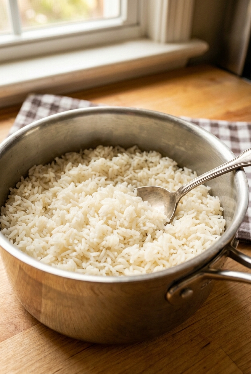 Fluffy cooked jasmine rice in a pot with a spoon
