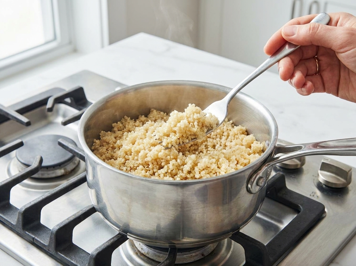Fluffy cooked quinoa in a saucepan with a fork fluffing the grains on a stovetop