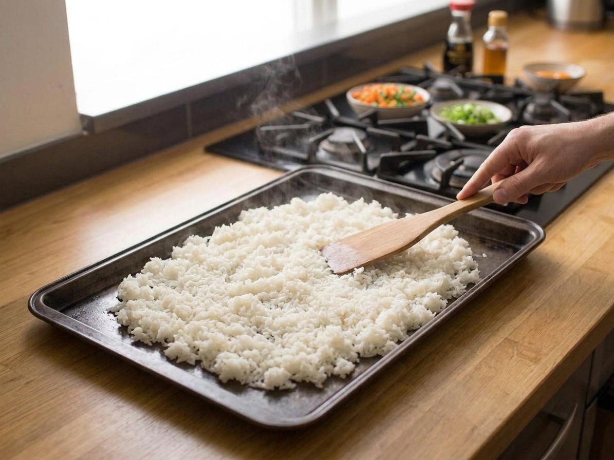 Fluffy cooked white rice spread out on a sheet pan to cool and dry before making fried rice