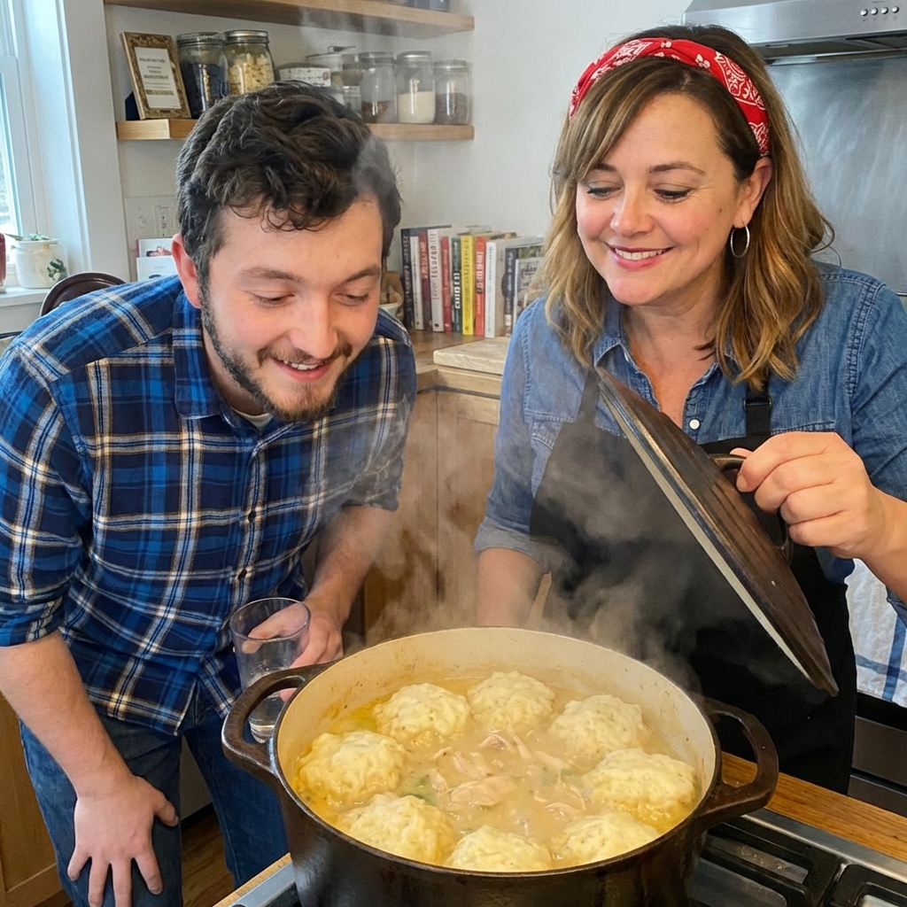 Fluffy dumplings steaming on top of a creamy chicken stew in a Dutch oven with the lid just lifted
