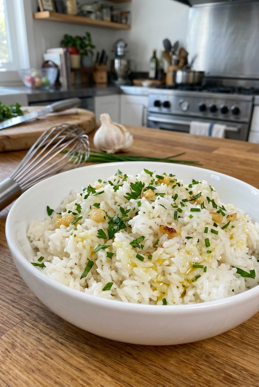 Fluffy garlic herb rice in a white bowl