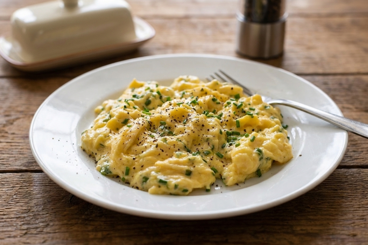 Fluffy herbed scrambled eggs on a white plate with cracked black pepper and chopped chives on top on a wooden table
