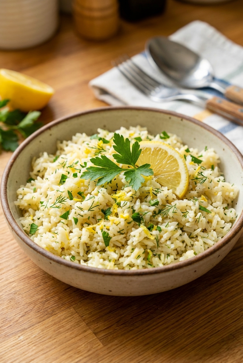 Fluffy lemon herb rice in a bowl with fresh parsley