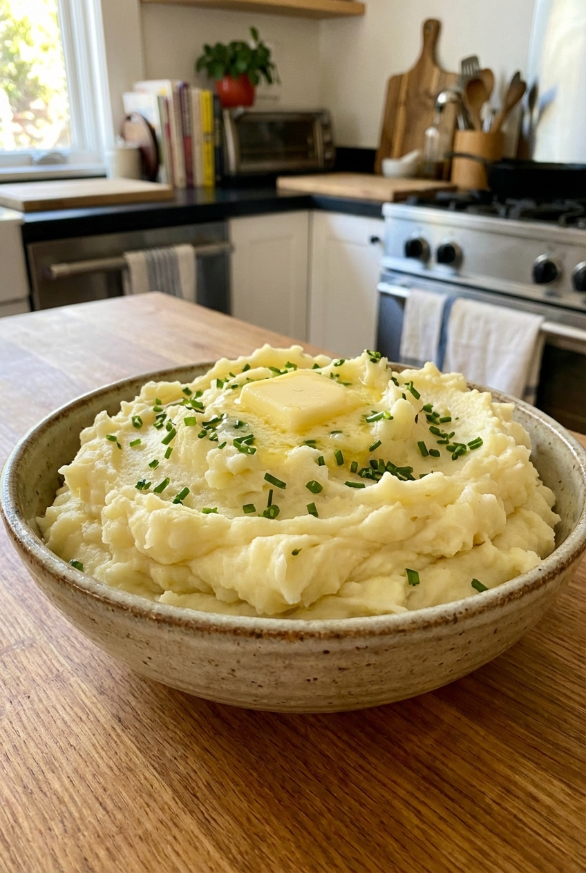 Fluffy mashed potatoes in a bowl with butter melting on top