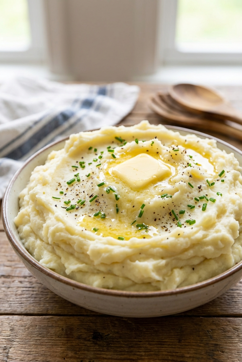 Fluffy mashed potatoes with a pat of butter melting on top
