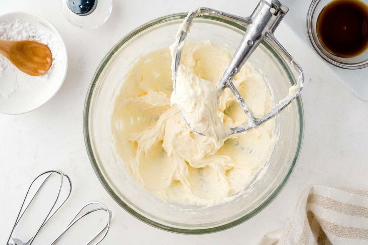 Fluffy pale whipped butter in a stand mixer bowl with the paddle attachment lifted above it