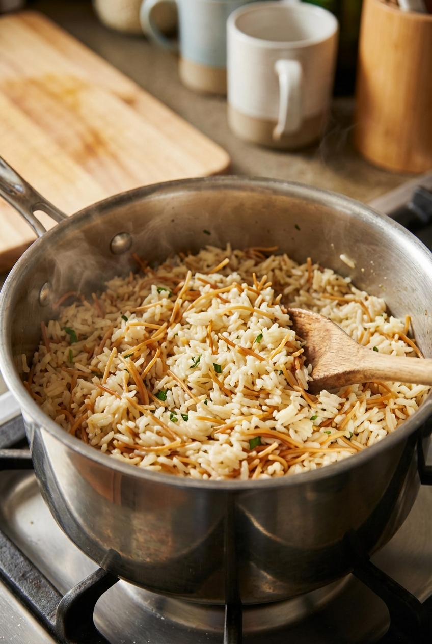 Fluffy rice pilaf in a saucepan with toasted vermicelli