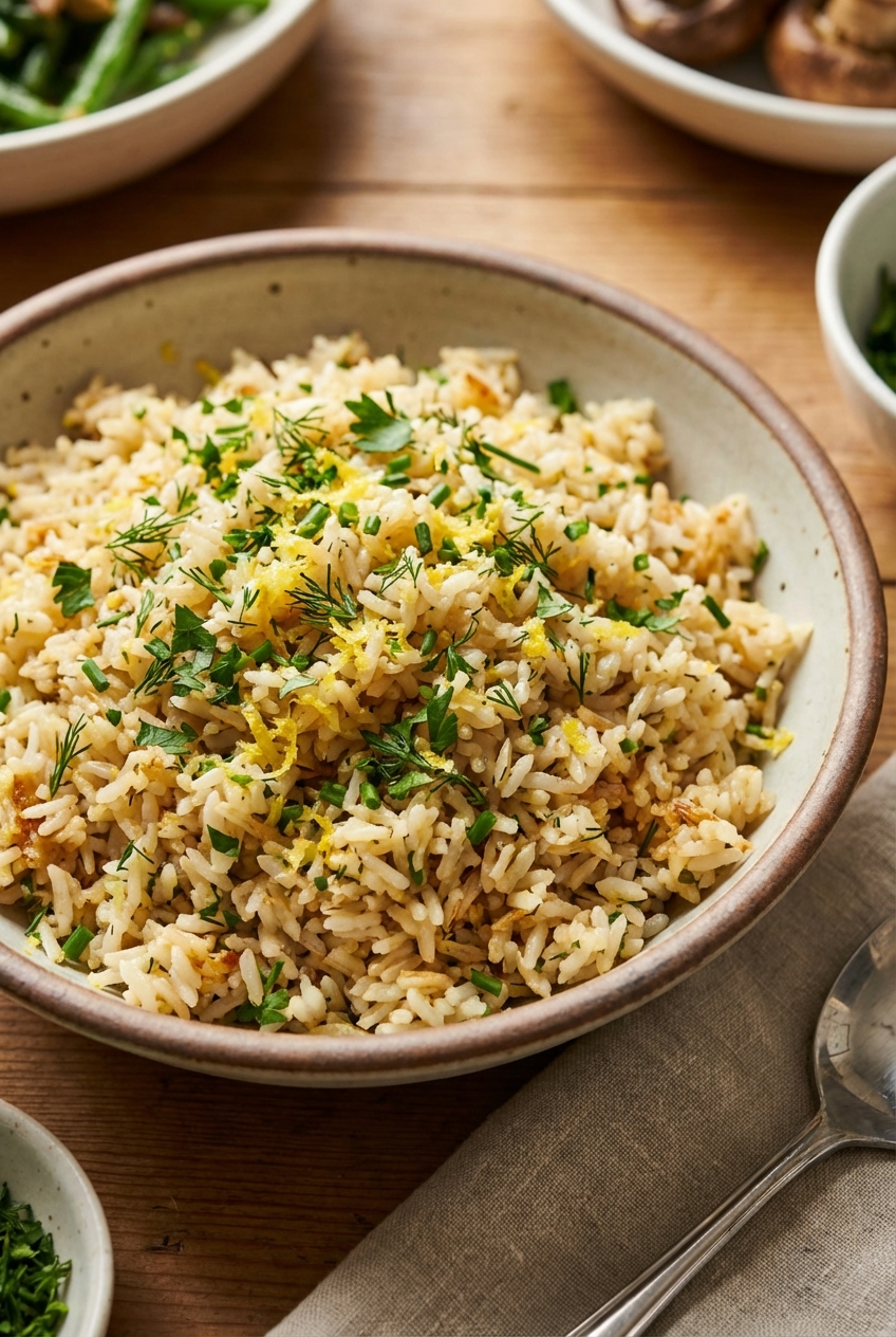 Fluffy rice pilaf with herbs and lemon zest in a serving bowl