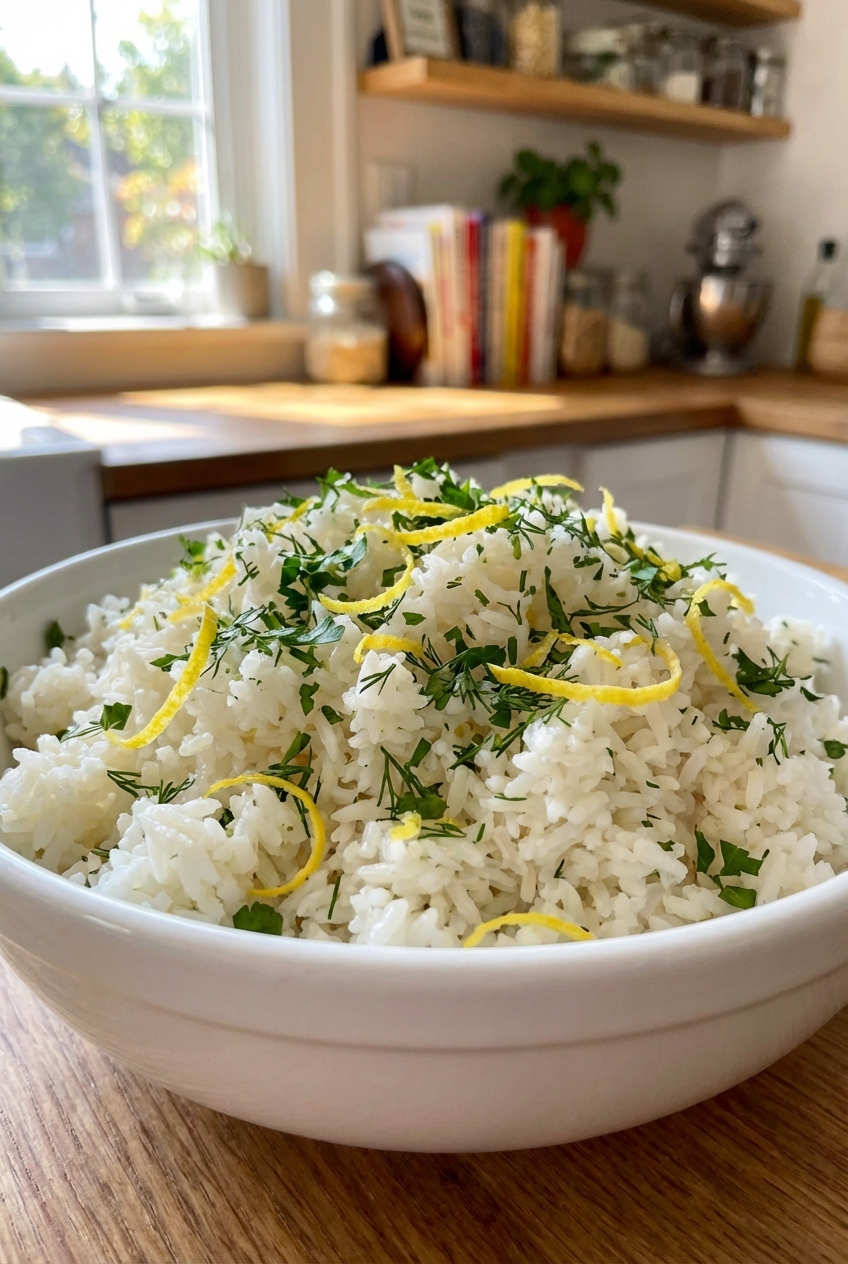 Fluffy rice with chopped herbs and lemon zest in a white bowl