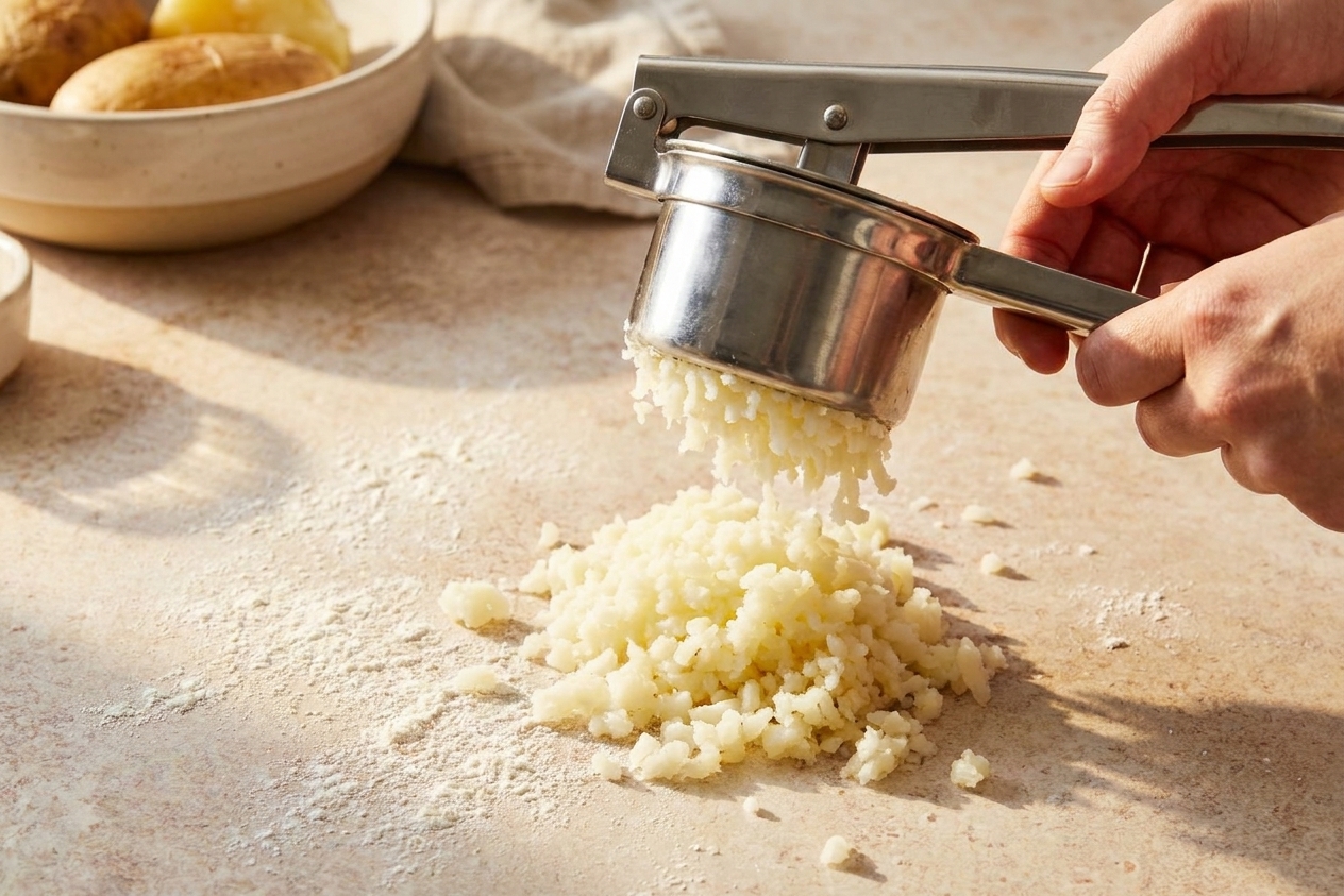 Fluffy riced potato falling from a potato ricer onto a lightly floured kitchen counter