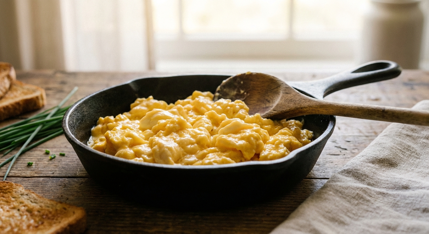 Fluffy scrambled eggs in a small skillet with a wooden spoon resting on the edge, soft morning light, photorealistic food photography