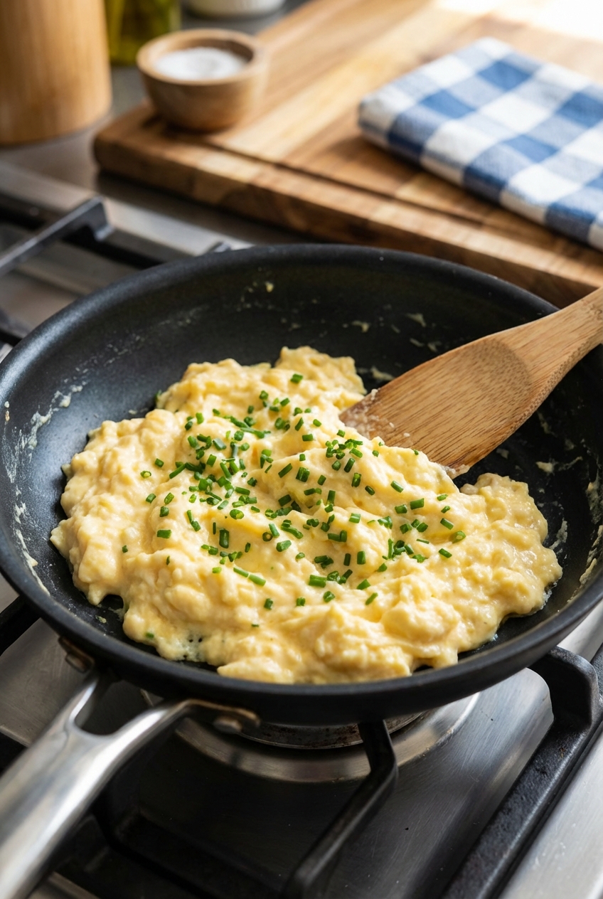 Fluffy scrambled eggs with chives in a nonstick pan