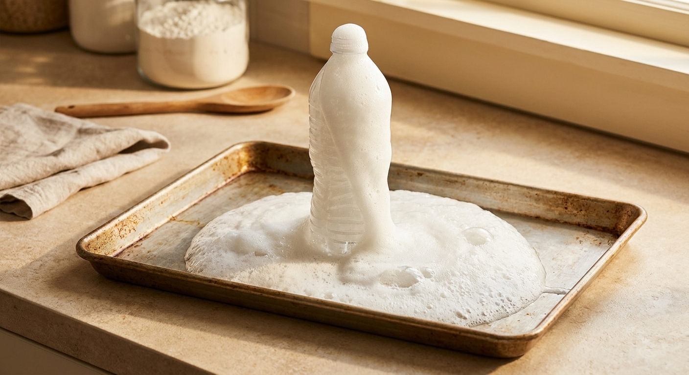 Foam rapidly overflowing from a plastic bottle and spreading across a rimmed baking sheet on a kitchen counter