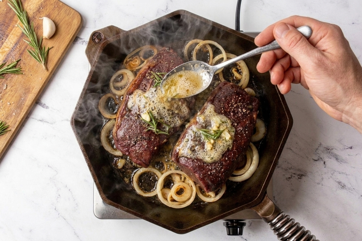 Foaming garlic herb butter being spooned over venison steaks in a cast-iron skillet on the stovetop
