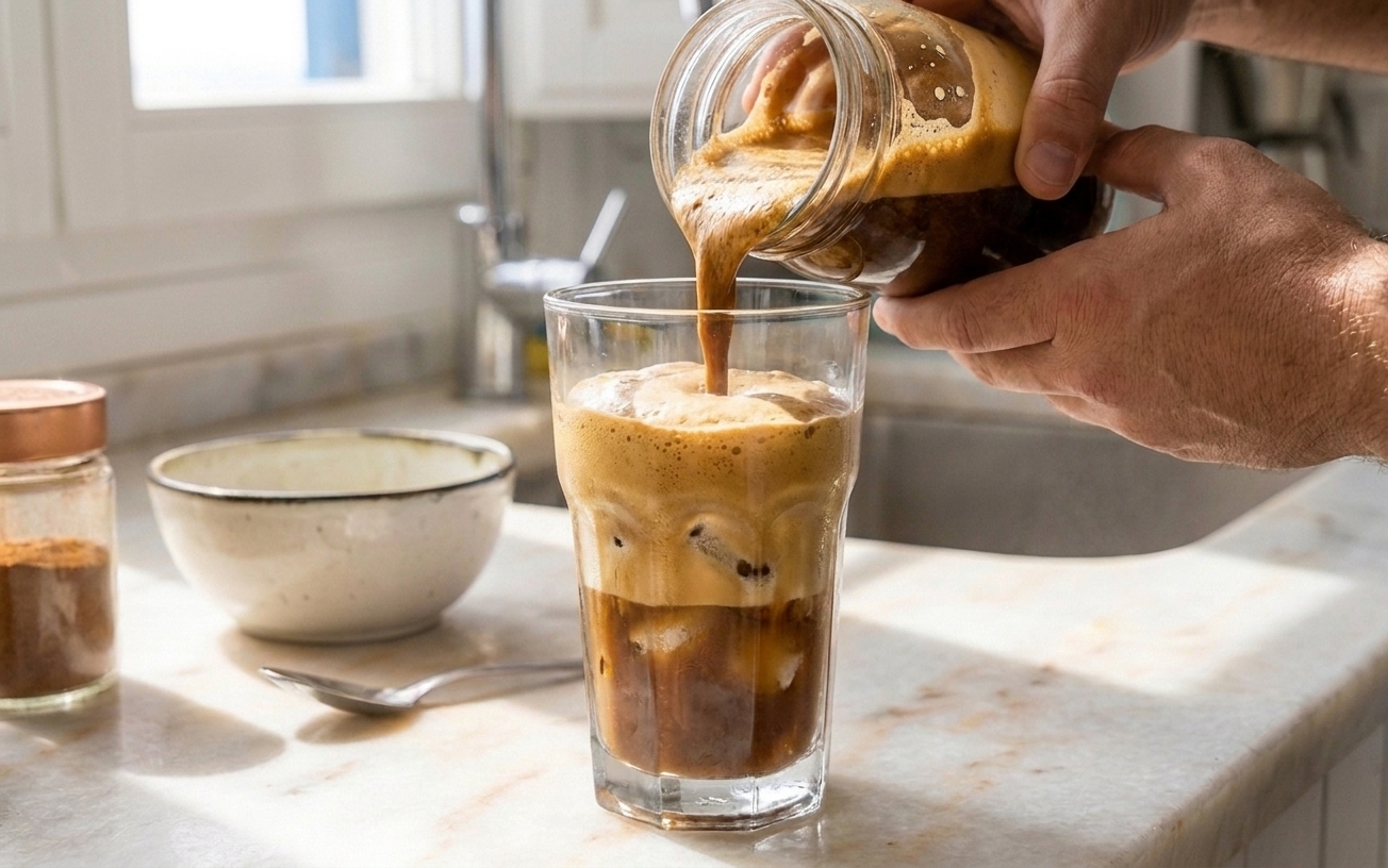 Foamy coffee mixture being poured into a tall glass of ice, creating a thick foam layer on top