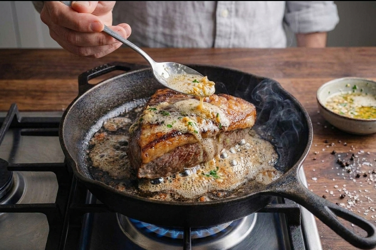 Foamy garlic butter being spooned over a seared picanha in a cast iron skillet