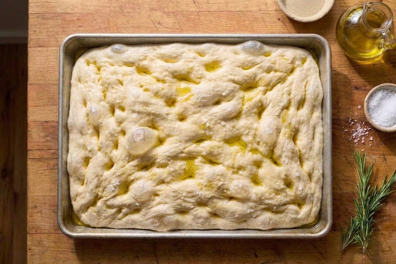 Focaccia dough in a baking pan with deep fingertip dimples and olive oil pooling in the indentations