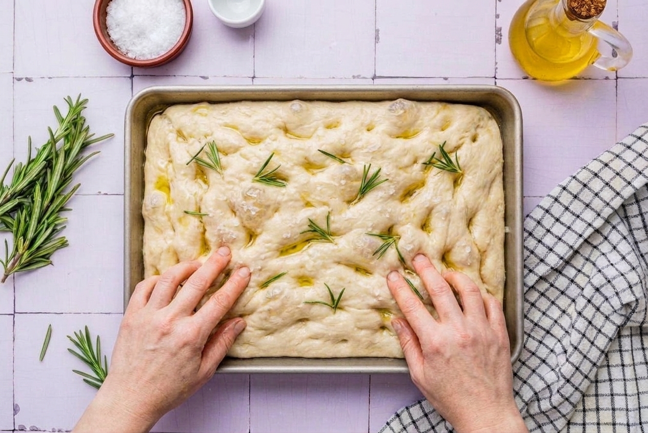 Focaccia dough in a pan being dimpled with fingertips, with rosemary scattered across the surface