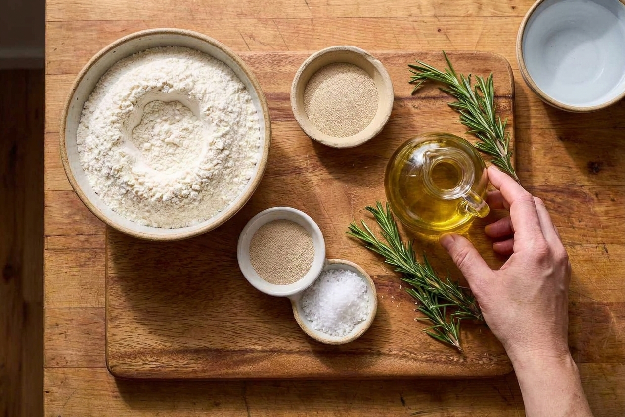 Focaccia ingredients on a kitchen counter including flour, yeast, salt, olive oil, rosemary, and a bowl of water