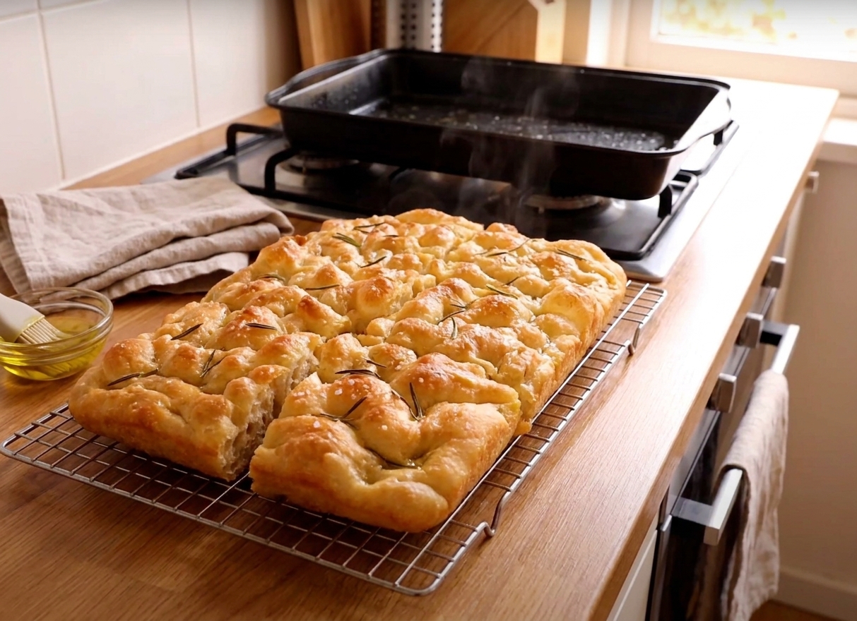 Focaccia squares cooling on a rack