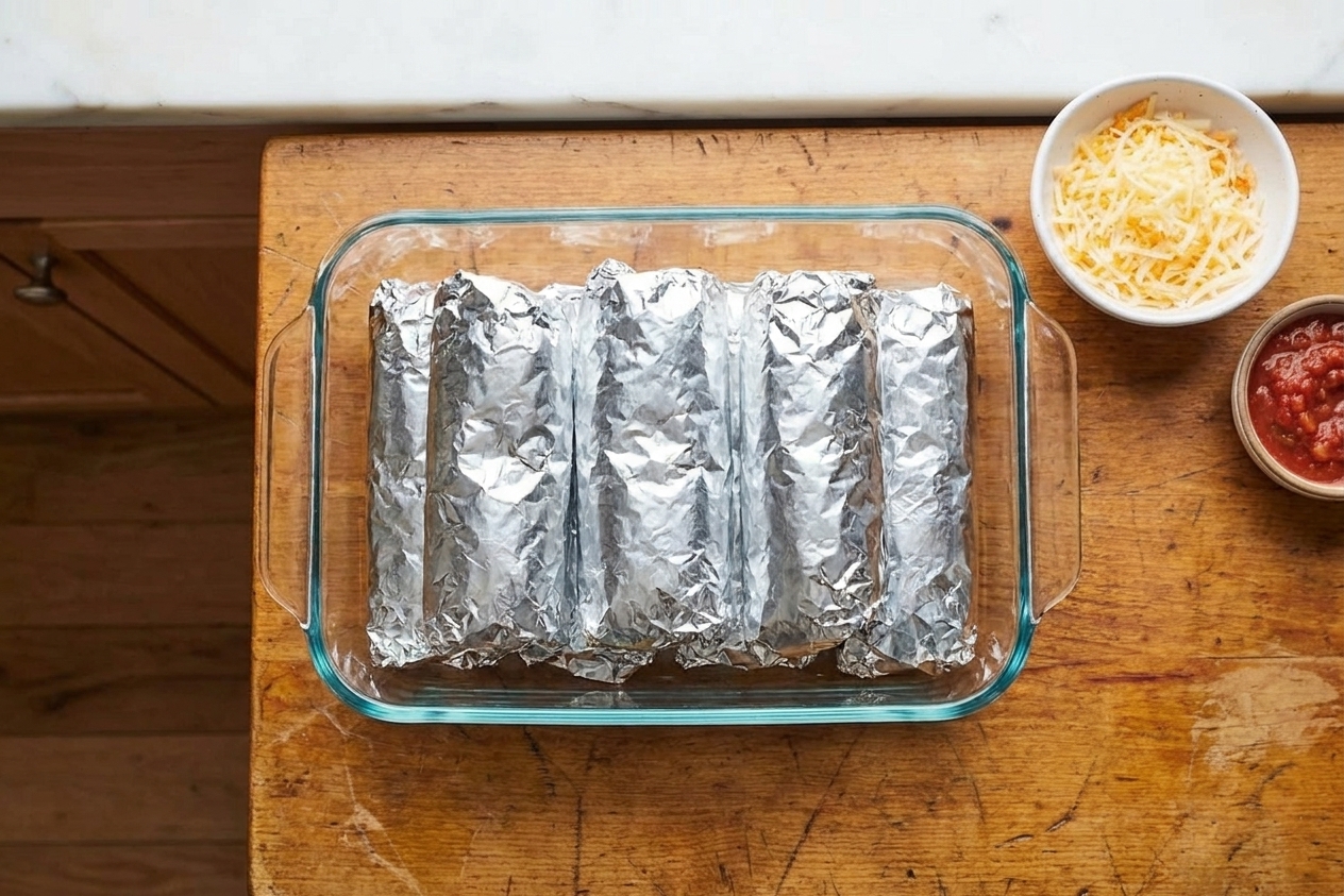 Foil-wrapped bean burritos lined up in a glass meal prep container on a kitchen counter