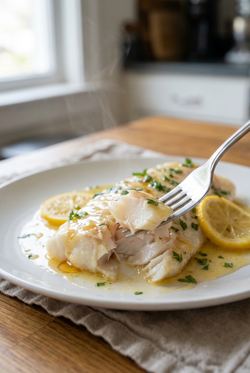 Fork flaking tender baked cod with glossy honey lemon butter