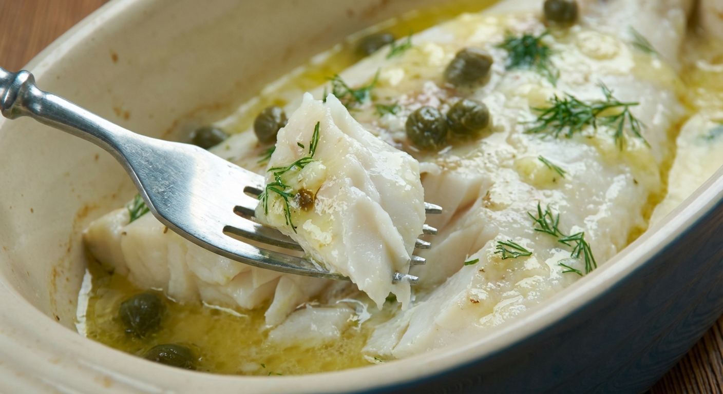 Fork flaking tender baked haddock into moist white layers with lemon butter