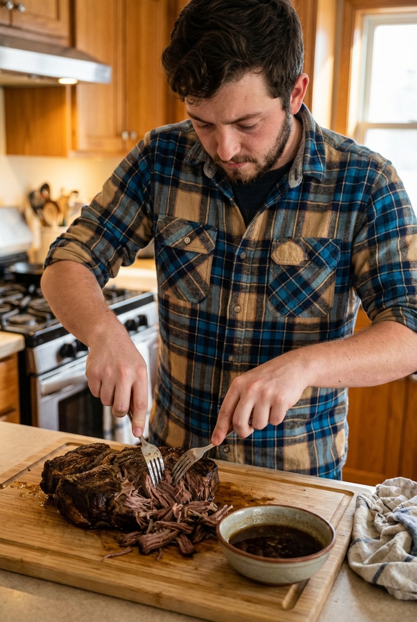 Forks shredding tender pot roast on a cutting board with cooking juices nearby