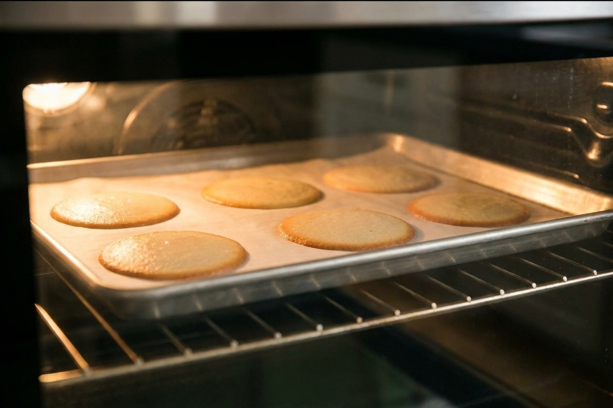 Fortune cookie batter rounds baking on a sheet pan inside an oven, edges just turning golden