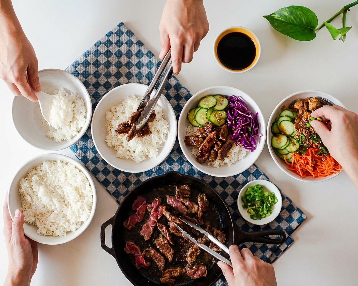Four Korean BBQ beef bowls being assembled with rice, glazed beef, cucumber salad, and sliced scallions on a kitchen counter