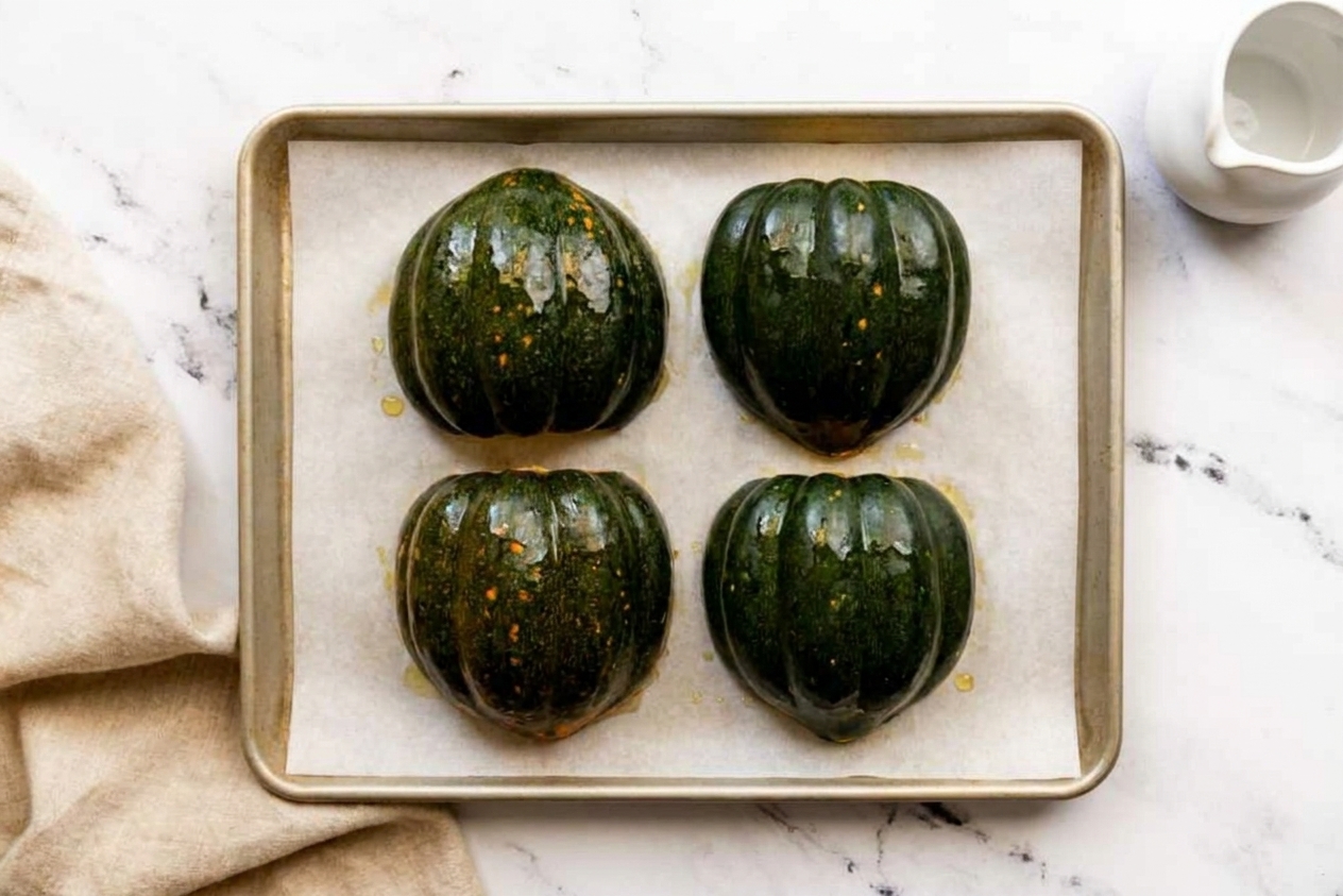 Four acorn squash halves placed cut-side down on a parchment-lined baking sheet ready for the oven