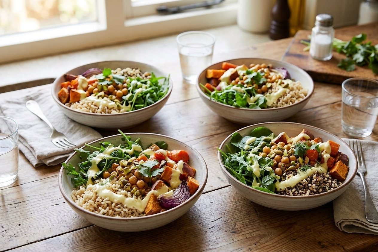 Four assembled grain bowls with roasted vegetables, chickpeas, greens, and a drizzle of lemon yogurt sauce set on a wooden table for a casual family dinner