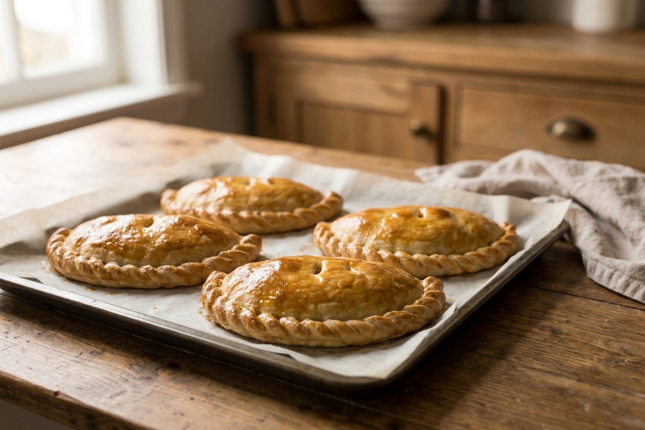 Four baked Cornish pasties with glossy golden crust resting on a parchment-lined baking sheet on a kitchen counter
