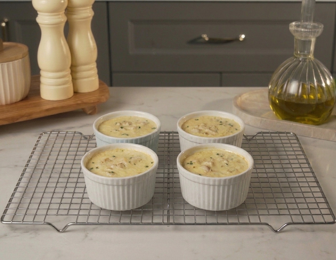 Four baked crab custards in white ramekins cooling on a wire rack, surfaces set and pale with small pieces of crab visible