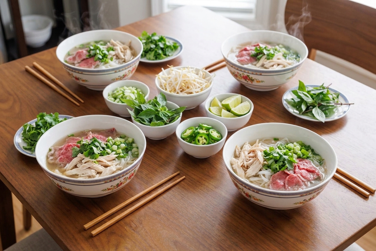 Four bowls of chicken pho on a dinner table with herb plates, lime wedges, and chopsticks ready for serving