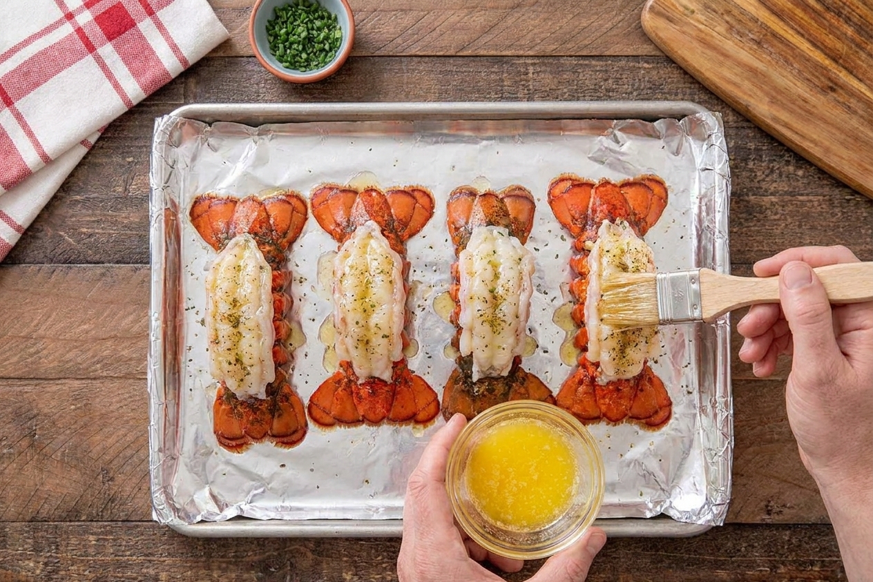 Four butterflied lobster tails with the meat lifted on top of the shells, arranged on a foil-lined sheet pan
