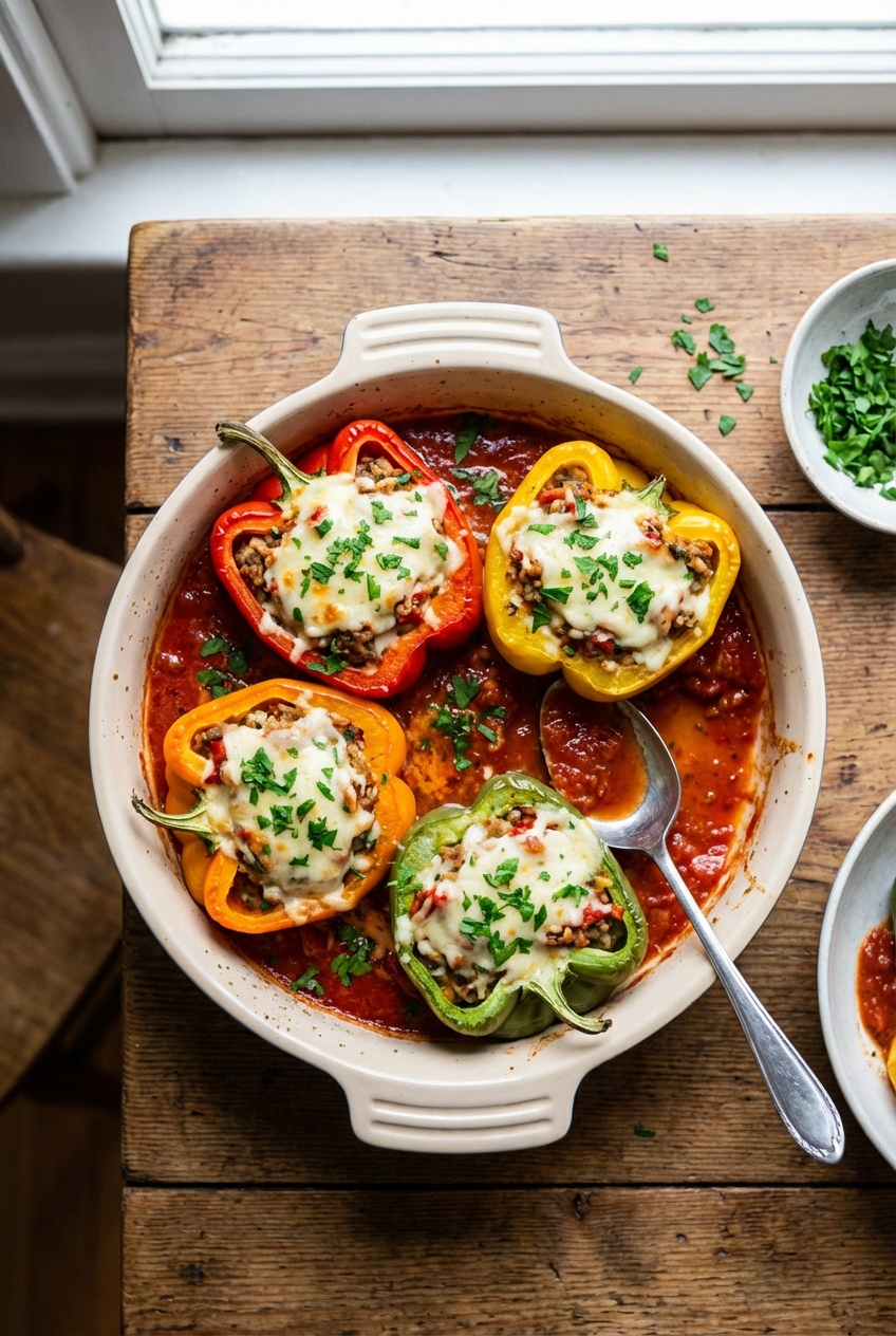 Four cheese-topped stuffed bell peppers in a baking dish with tomato sauce, fresh parsley, and a serving spoon on a wooden table