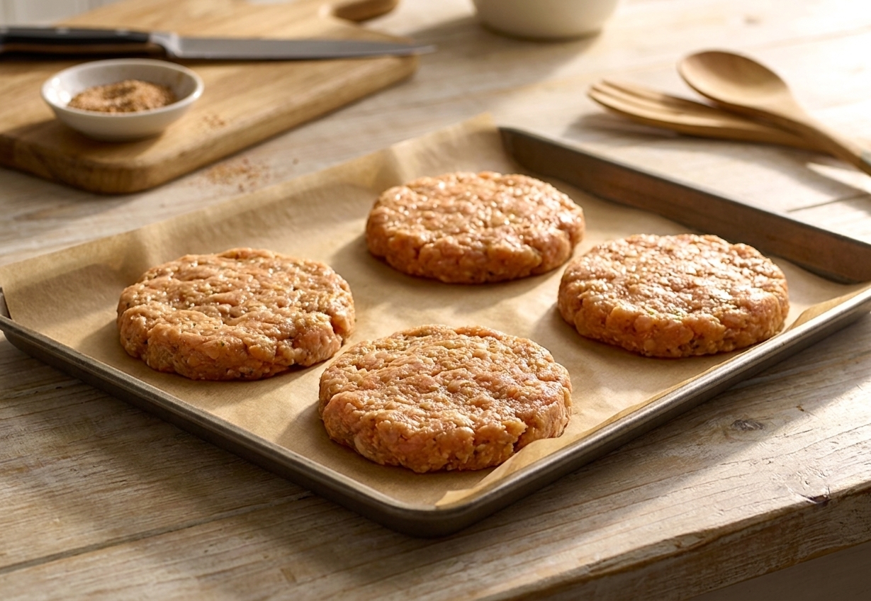 Four chicken burger patties formed on a parchment-lined sheet pan on a kitchen counter with warm, consistent lighting