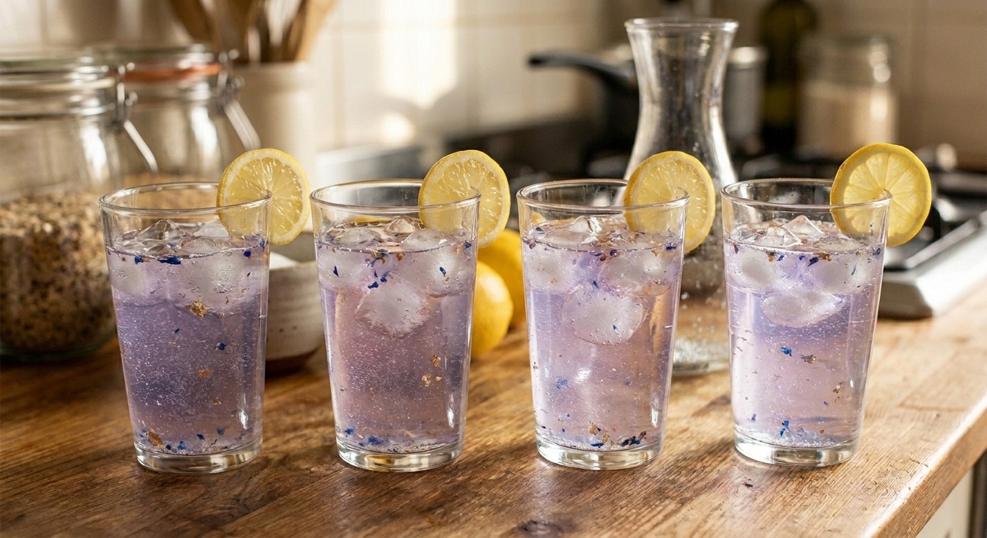 Four clear glasses of shimmering potion drink over ice, each garnished with a lemon slice, arranged on a table