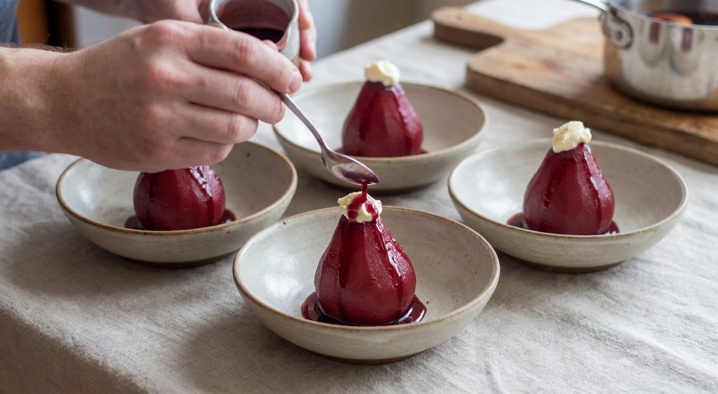 Four deep ruby red wine poached pears standing upright in shallow bowls, each drizzled with glossy syrup and topped with a small dollop of mascarpone on a neutral linen table setting